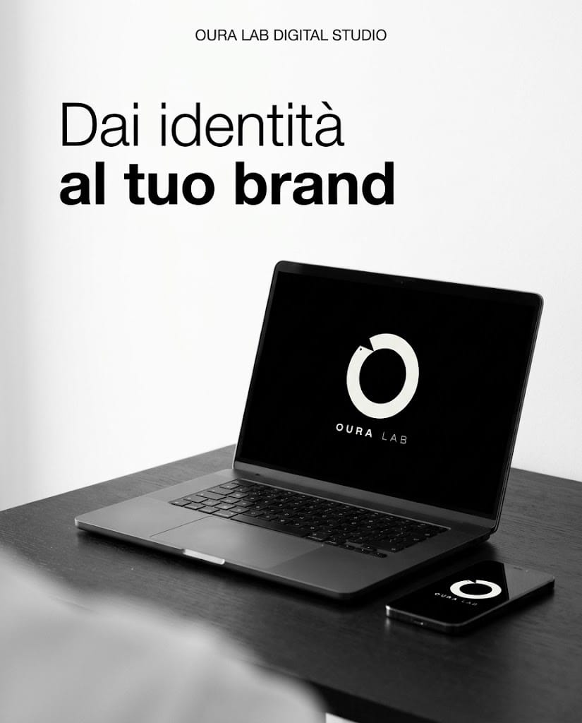 Laptop e smartphone con il logo Oura Lab e la scritta Dai identità al tuo brand
